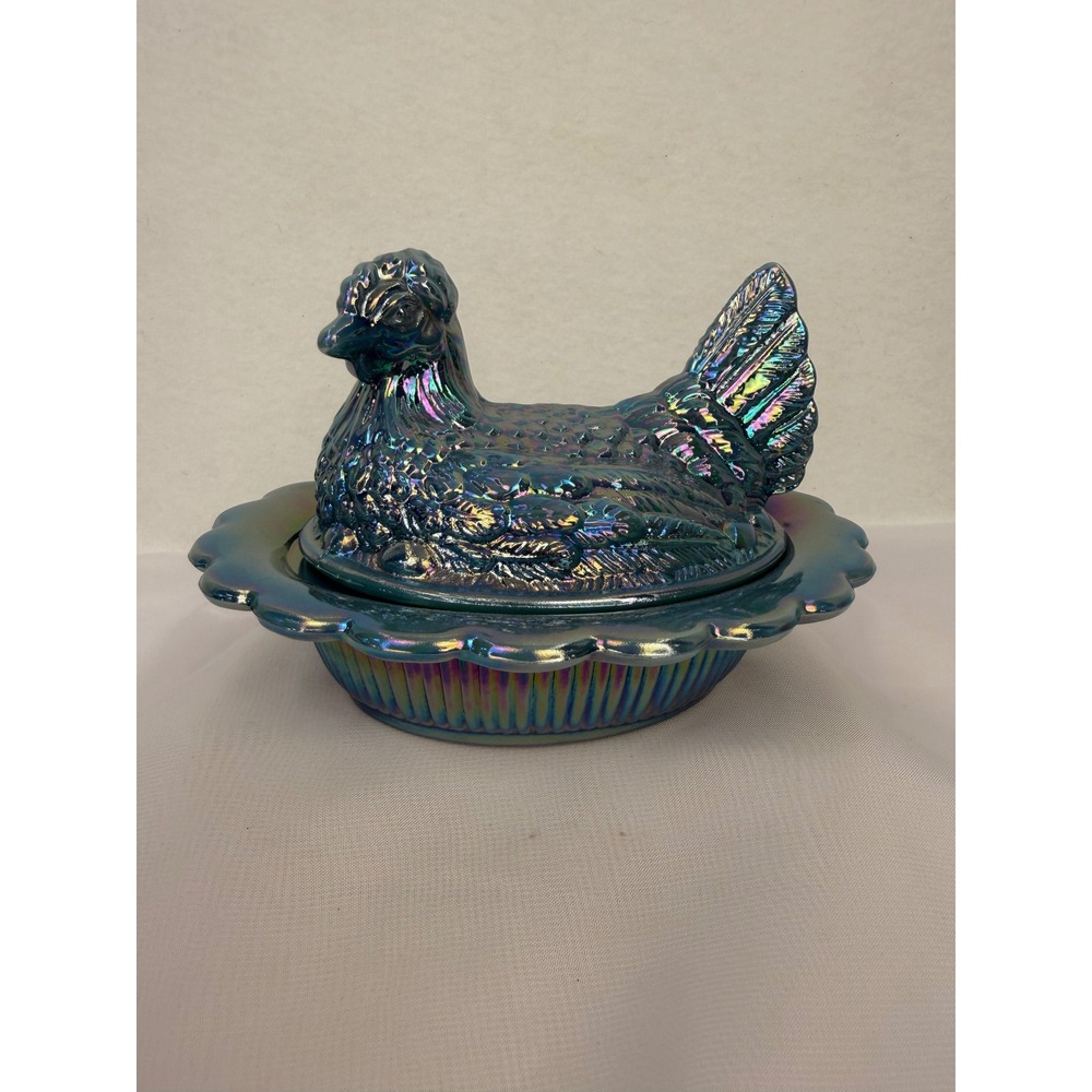 Mosser Glass Georgia Blue Carnival 6-Inch Hen on Nest Covered Dish — Made in USA